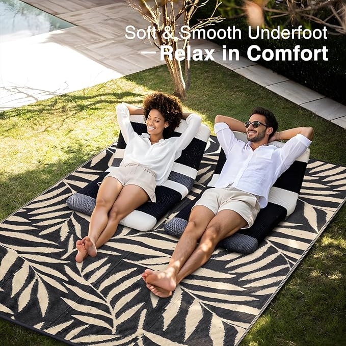 OLANLY Waterproof Outdoor Rug 6x9 ft, Reversible Outdoor Plastic Straw Rug with Leaf Pattern, RV Mat, Indoor Outdoor Carpet for Patio, Camping, Balcony, Deck, Backyard, Black & Beige-Ruum Studio Home