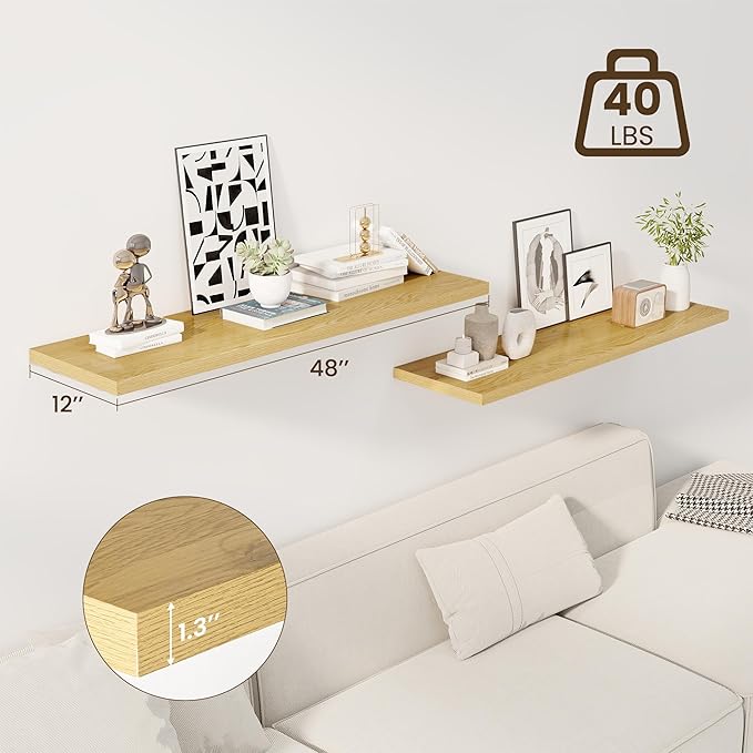 48" Floating Shelves for Wall, 12" Deep Slim Oak Floating Shelves, Wall-Mounted Shelves for Bedroom, Living Room, Kitchen, Bathroom - Set of 2-Ruum Studio Home