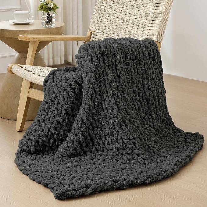 Bigacogo Chunky Knit Throw Blanket for Couch, 40x40 inches, 100% Hand Knitted with Thick Jumbo Chenille Yarn, Cozy Soft Large Rope Knot Cable Crochet Blankets for Sofa Bed Living Room, Dark Grey-Ruum Studio Home