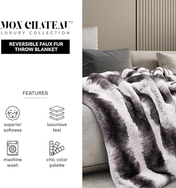 Mon Chateau Luxury Printed Faux Fur Throw with 6cm Foldover for Couch, Sofa, or Bed - Plush Ultra Soft Blanket for Sleeping or Home Décor, 60" x 70" (Striped)-Ruum Studio Home