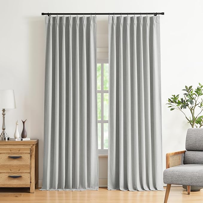 Vision Home Light Grey Pinch Pleated Full Blackout Curtains Linen Blended Room Darkening Curtain Panels 120 inch for Living Room Bedroom Thermal Insulated Pinch Pleat Drapes with Hooks 40" Wx120 Lx2-Ruum Studio Home