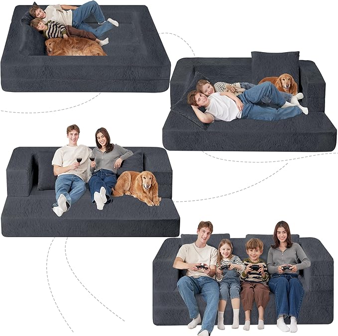 Folding Bean Bag Chair for Adults,3-in-1 Bean Bag Couch Faux Fur Floor Sofa Large Beanbag Convertible Bean Bag Sofa Bed with Pillow in Bedroom,Living Room,Apartment(Queen,Dark Grey)-Ruum Studio Home