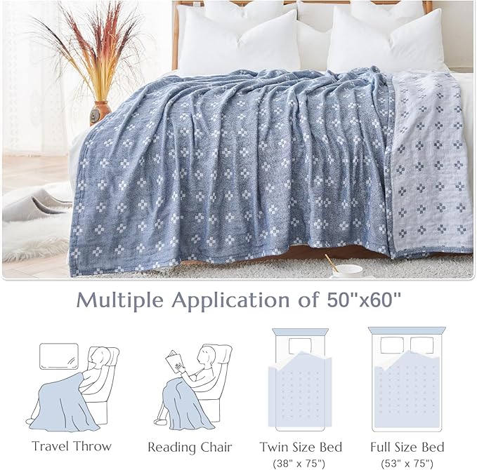 jinchan Boho 100% Cotton Blanket Muslin 50x60 Inches Lightweight 3-Layer Geometric Cross Pattern Reversible Quilt Throw Soft Breathable Comfy All Seasons for Couch Bed Decor, Blue-Ruum Studio Home
