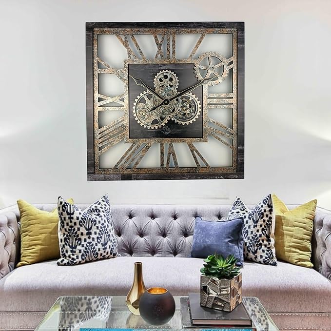 The Gears Clock 24'' Inch Square Real Moving Gear Wall Clock Vintage Industrial Oversized Rustic Farmhouse (Vintage Black)-Ruum Studio Home
