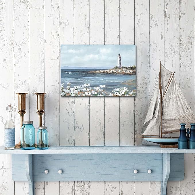 cozy country Lighthouse Wall Art 16"x11" - Coastal Pictures Beach Canvas Ocean Decor - Nautical Artwork Seascape Painting for Bathroom, Bedroom, Sea House-Ruum Studio Home