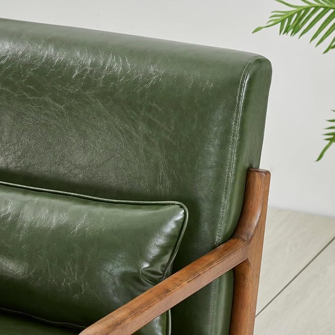 Glitzhome Mid Century Hunter Green Accent Armchair, Single Reading Armchair PU Leather Lounge Chair with Walnut Ruberwood Frame-Ruum Studio Home
