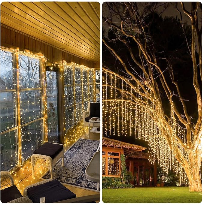 JMEXSUSS 900 LED Outdoor Christmas Curtain Lights, 9.5x29.5ft Christmas Lights Plug in with Remote, Twinkle Hanging String Light for Bedroom Wall Wedding Backdrop Window Gazebo Decor, Warm White-Ruum Studio Home