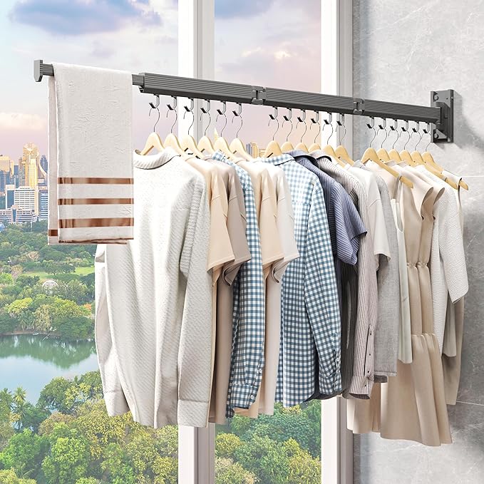 Laundry Drying Rack,Drying & Clothes Rack,Wall Mounted,Retractable & Collapsible, Grey-Ruum Studio Home