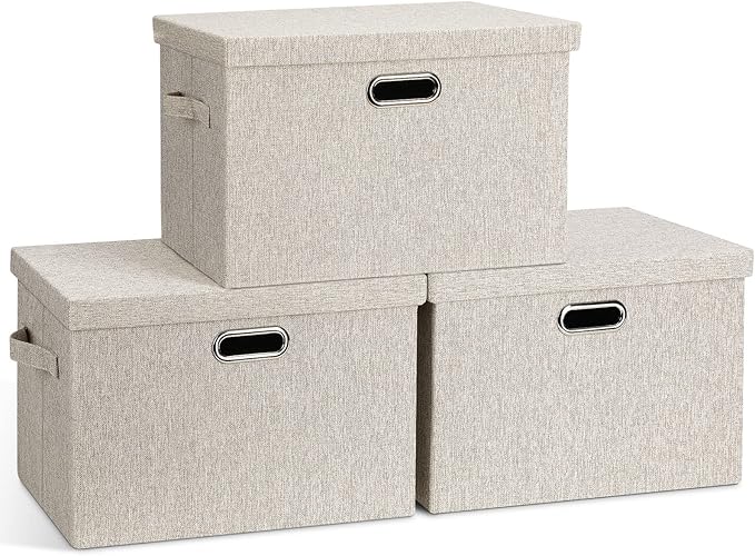 Large 17" 36 Quart Collapsible Stackable Storage Bins with Lids, 3 Packs Beige Linen Fabric Closet Boxes with Lids, Storage Cube Baskets Container Organizers for Bedroom Office(17 x12 x11)-Ruum Studio Home