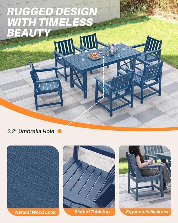 HDPE Patio Dining Set, 5-Piece Outdoor Table and Chairs with Umbrella Hole, Modern Outdoor Dining Set for 4, HDPE Outdoor Patio Furniture Dining Sets for Deck, Poolside, Porch, Navy-Ruum Studio Home