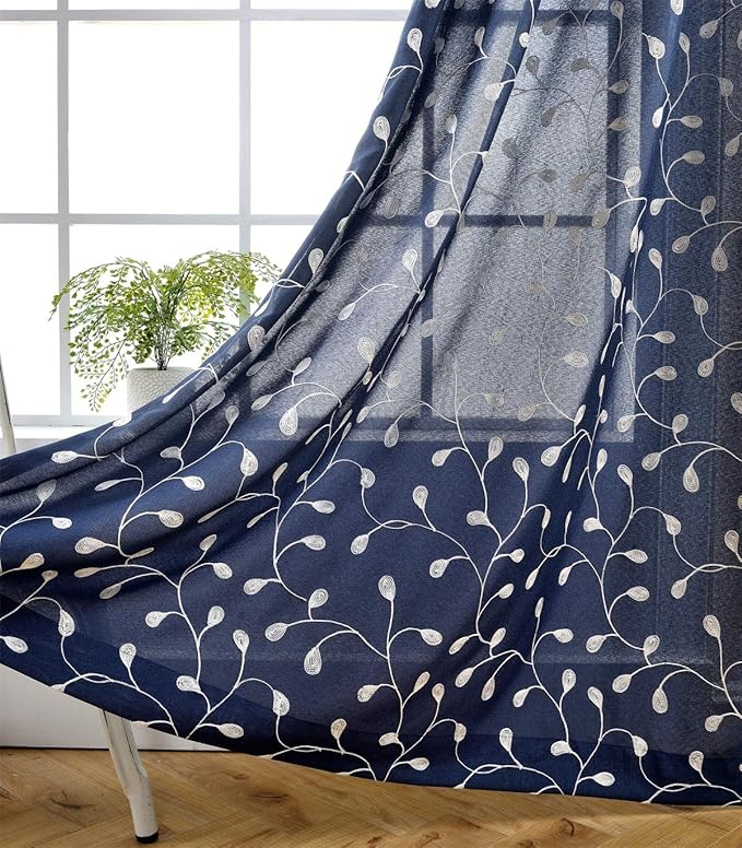 MIUCO Floral Embroidery Semi Sheer Curtains Faux Linen Grommet Window Curtains for Living Room 52 x 63 Inch 2 Panels, Navy Blue-Ruum Studio Home