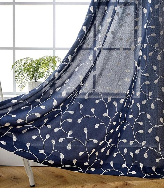 MIUCO Floral Embroidery Semi Sheer Curtains Faux Linen Grommet Window Curtains for Living Room 52 x 63 Inch 2 Panels, Navy Blue-Ruum Studio Home