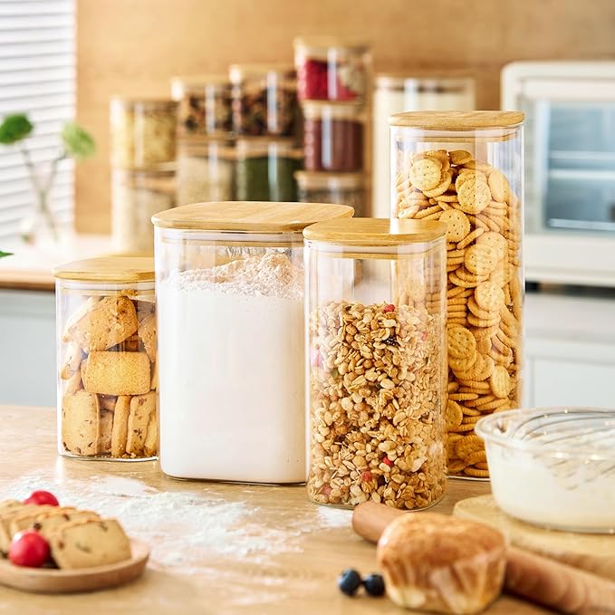 Multi Size - 5 Pack Square Glass Jars with Bamboo Lids, Glass Food Storage Containers with Airtight Lids for Kitchen, Air Tight Pantry Storage Containers for Cereal, Pasta, Rice, Sugar, Coffee, Spice-Ruum Studio Home