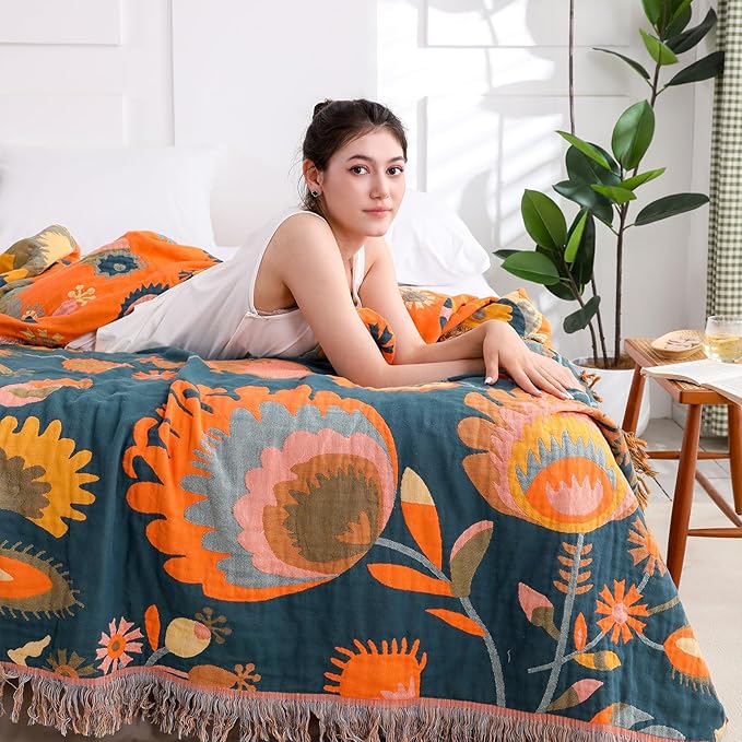 Snycler Boho Throw Blanket for Bed, 100% Organic Cotton Muslin Soft Throw-Orange Boho Floral Farmhouse Rustic Spring Summer Fall Decor Blanket for Couch Sofa Quilt and Gift, 80" x 90"-Ruum Studio Home