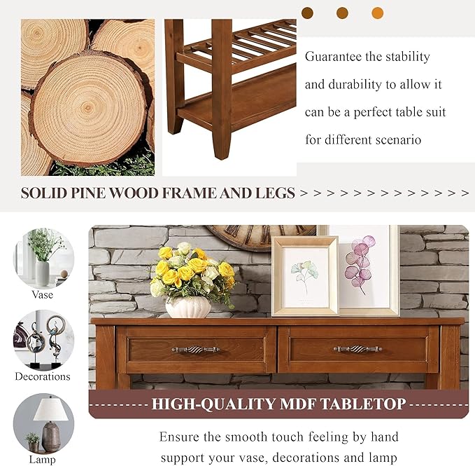 Solid Wood Console Table Entryway Table with Storage Drawers and Shelves Sofa Tables (42" Brown)-Ruum Studio Home