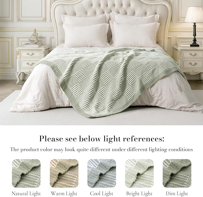 Amélie Home Chenille Knit Throw Blanket for Couch, Checkered Texture Decorative Soft Blanket for Sofa, Bed & Living Room, 50"x60", Sage Green & White-Ruum Studio Home