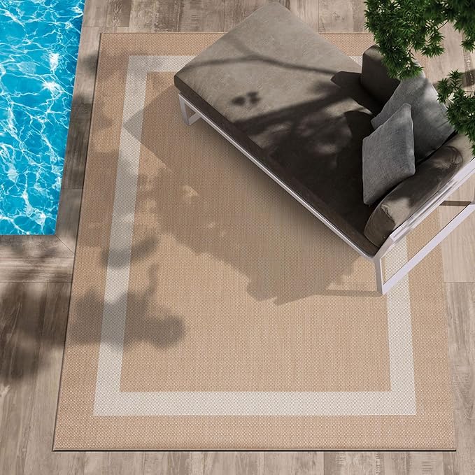 CAMILSON Outdoor Rug 10x14, Large Modern Outside Rugs for Patios Porches Waterproof Durable Washable Non-Shedding, Easy-to-Clean Indoor/Outdoor Area Carpet (10 x 14, Bordered - Beige/White)-Ruum Studio Home