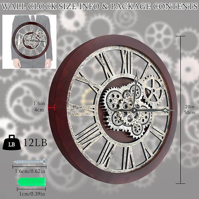 HOIBAI Wall Clock, Clocks for Living Room Decor 20 Inch Big Moving Gears Clock Farmhouse Vintage Rustic Wall Clock Vintage Roman Oversized for Home Bedroom House Kitchen Wall Decor-Ruum Studio Home