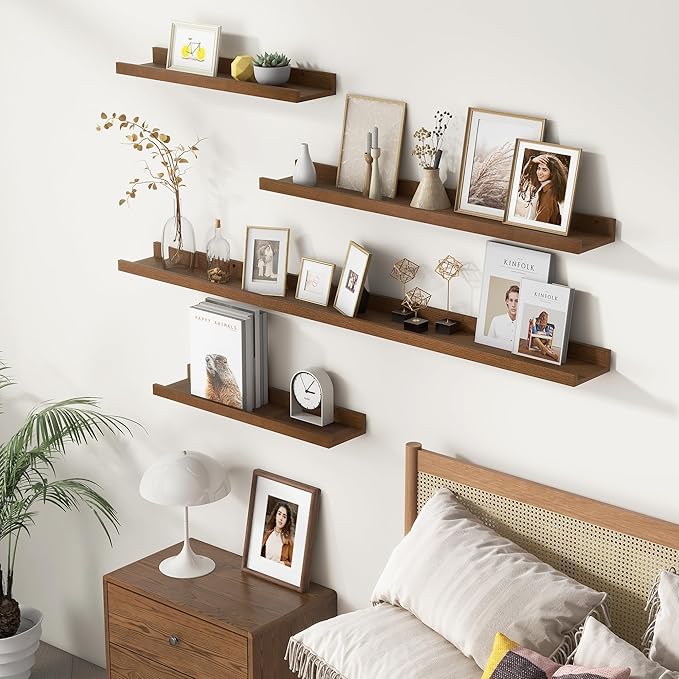 Picture Ledge Wall Shelves 48 Inches Width Set of 3, Solid Pine Wood Rustic Floating Ledge for Kids' Room Bedroom Kitchen Bathroom, Long Floating Shelves for Wall Decor, Walnut-Ruum Studio Home