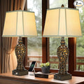 28.5" high Vintage Brown Table Lamps Set of 2 - Bedside Lamp with Faux Silk Shades - for Bedroom and Living Room with USB and Nightlight - Perfect for Nightstands and Bedrooms (Bulb Included)-Ruum Studio Home