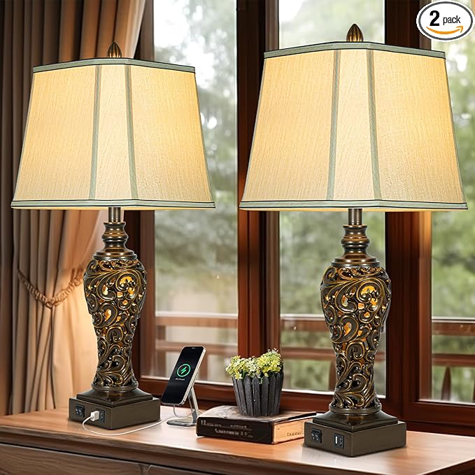 28.5" high Vintage Brown Table Lamps Set of 2 - Bedside Lamp with Faux Silk Shades - for Bedroom and Living Room with USB and Nightlight - Perfect for Nightstands and Bedrooms (Bulb Included)-Ruum Studio Home
