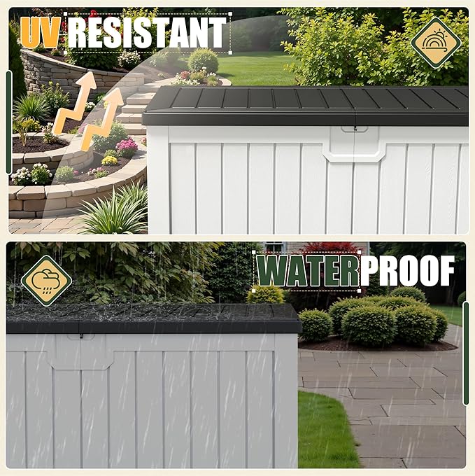 JUMMICO 250 Gallon Outdoor Resin Deck Box with Divider, Waterproof Storage Box with Lockable Lid&Side Handles for Garden Tools, Pools Supplies (White with Black Cover)-Ruum Studio Home