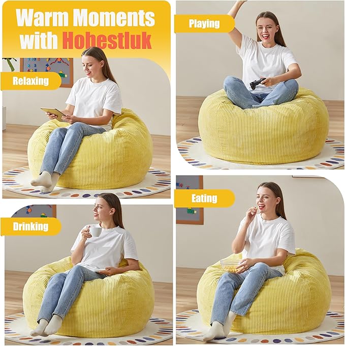 Hobestluk 3.5FT Bean Bag Chair Adult Bean Bag Chair Large Bean Bag Chair with Filler Included Teardrop Bean Bag with Removable Cover for Bedroom Living Room - (Large, Yellow)-Ruum Studio Home