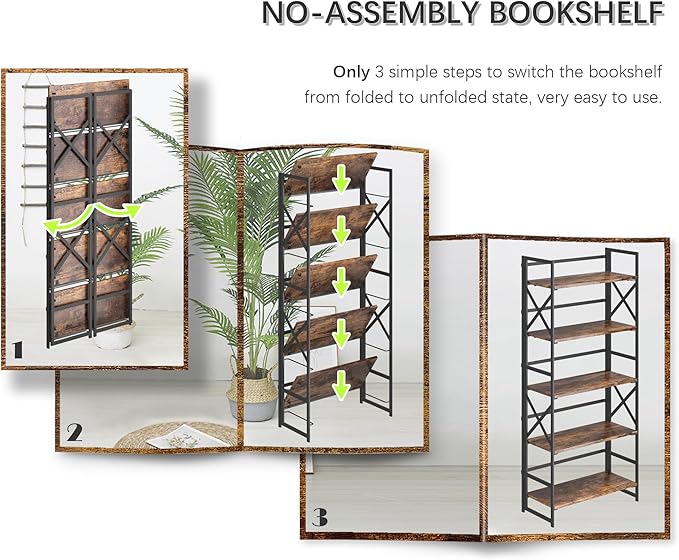 4NM 5 Tiers No Assembly Book Shelves, 51.2" H Folding Bookshelf Bookcase Open Industrial Foldable Shelves for Bedroom, Living Room, Home Office - Rustic Brown Black-Ruum Studio Home