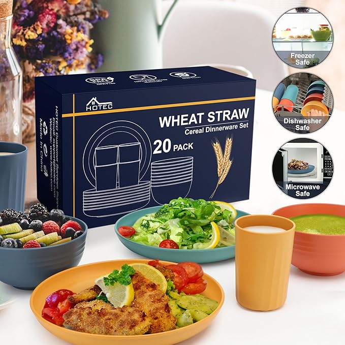 HOTEC 20-Pack Unbreakable Kitchen Plastic Wheat Straw Dinnerware Set – BPA-Free Plates, Bowls & Cups | Lightweight, Microwave & Dishwasher Safe | Multicolor Reusable Tableware for Home & Outdoor Use-Ruum Studio Home