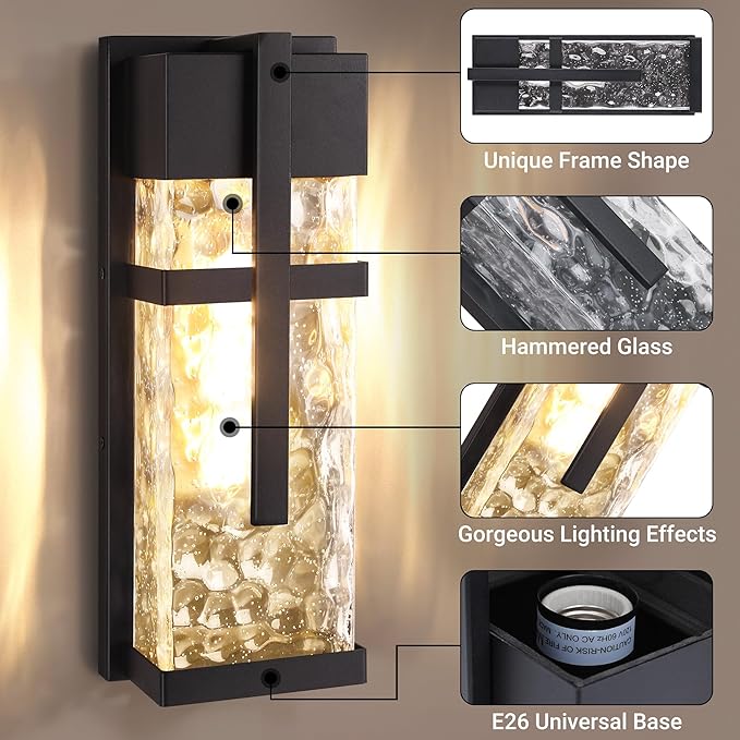 Hammered Glass Wall Lamp, Outdoor Light Fixtures, Exterior Wall Lantern for Porch with Waterproof, 2 Pack Wall Sconce Lighting, Wall Mount Light, Porch Light for Garage, Doorway, Patio(Bulb Included)-Ruum Studio Home