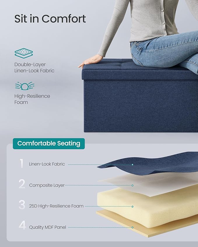 SONGMICS MAZIE Collection - 43 Inches Folding Storage Ottoman Bench, Ottoman Foot Rest, End of Bed Bench, Storage Chest, Load 660 lb, for Living Room, Bedroom, Entryway, Midnight Blue ULSF77IN-Ruum Studio Home