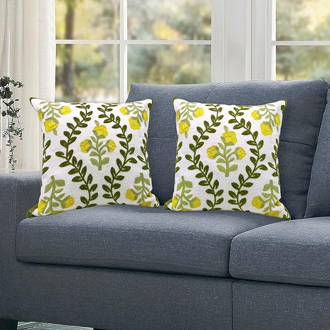 Alysheer Floral Embroidered Summer Decorative Throw Pillow Cover 18"x 18" Set of 2, Farmhouse Cottage Yellow Flower Green Leaves Patterned Cotton Cushion Case for Couch Bed Living Room Outdoor Decor-Ruum Studio Home