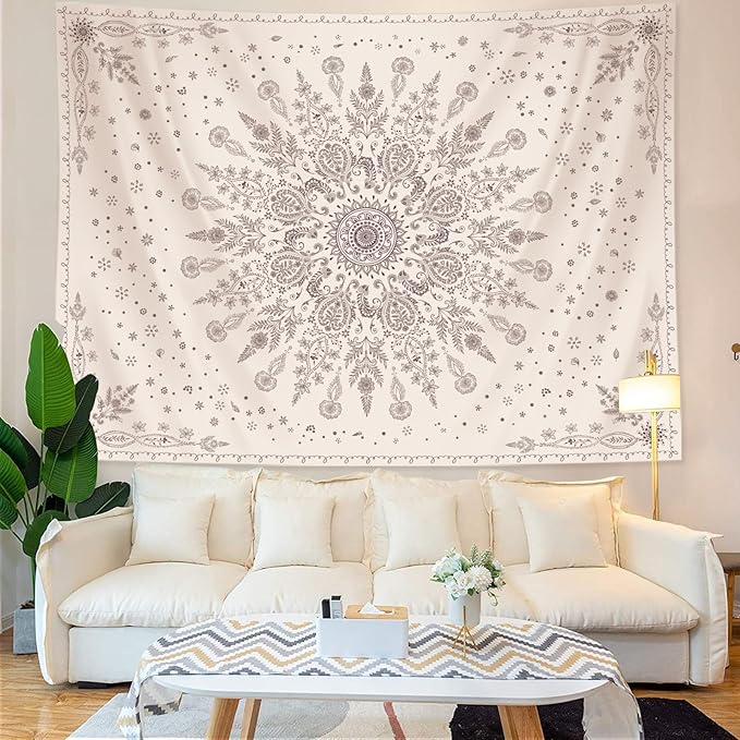 Lunerfex Boho Floral Tapestry Mandala Wall Tapestry, Cute Tapestries for Bedroom Beige Flower Tapestries Wall Hanging for Bedroom Living Room Decor Beige-1 70"x90"-Ruum Studio Home