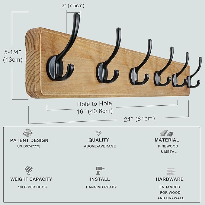 Dseap Wall Mounted Coat Rack: 24" Long, Patented, Heavy-Duty, 6-Double-Hooks Wooden Hanger Rail for Winter Coats, Hat, Jacket, Clothing - Weathered Brown, Pack of 2-Ruum Studio Home