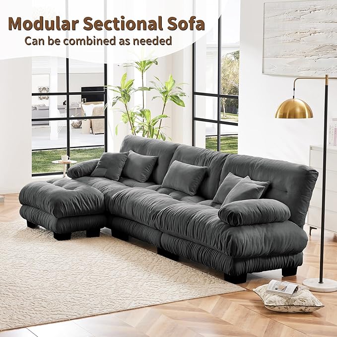 L Shaped Couch Sectional Couch, 3-Seater Cloud Couch Sectional Oversized Couch, Sofa Bed Couch with Round Bolster Armrests 5 Pillows, Modular Couch Home Sofa Living Room Couch(Gray)-Ruum Studio Home