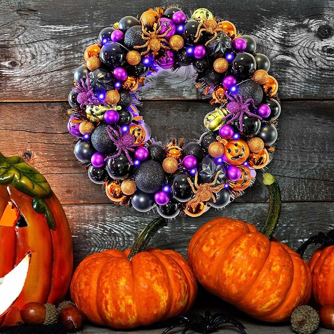 17 Inch Halloween Ball Wreath for Front Door with Lights, Lighted Cute Treat-or-Trick Door Wreath Ball Ornament for Halloween Indoor Decorations Centerpiece Party Holiday Wall Home Decor-Ruum Studio Home
