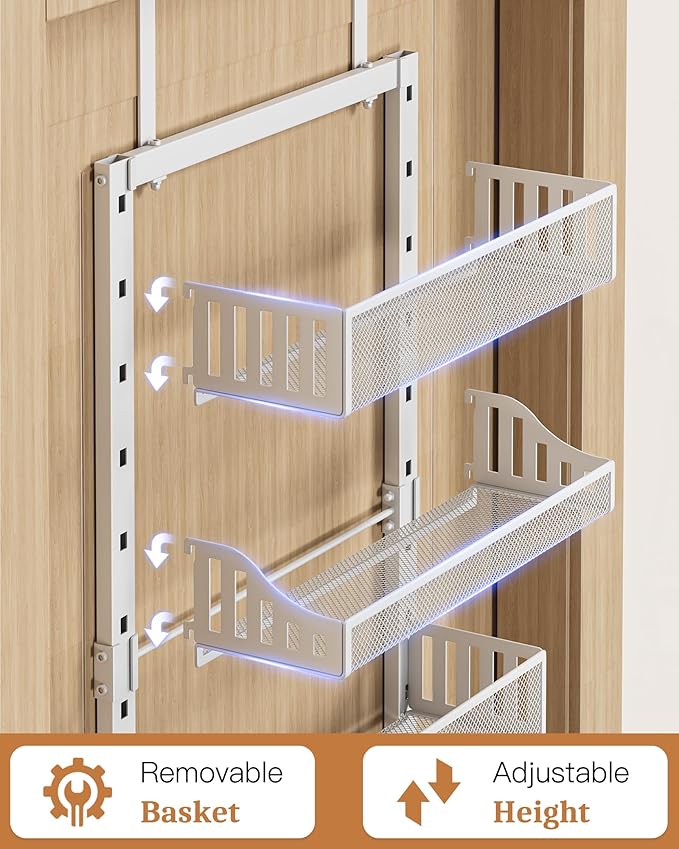 Over the Door Pantry Organizer 8-Tier, Large Metal Door Spice Rack with Adjustable Basket, 2 in 1 Wall Mount or Hanging Heavy-Duty Pantry Door Storage Shelf for Kitchen and Bathroom, White-Ruum Studio Home