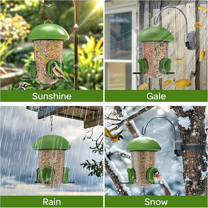 LONA Bird Feeders for Outdoors Hanging – 3 Separate Compartments, 3 Feeding Ports, Weatherproof Dome & 3 Ways to Hang, Large Capacity for Cardinals/Finches (Green，Plus-Ruum Studio Home