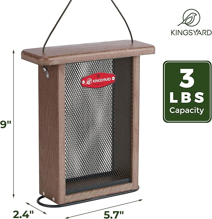 Kingsyard Metal Mesh Bird Feeder for Outdoors Hanging, Finch Feeder for Nyjer/Thistle, Sliding Mesh & Built-in Perch, Recycled Plastic, Brown-Ruum Studio Home