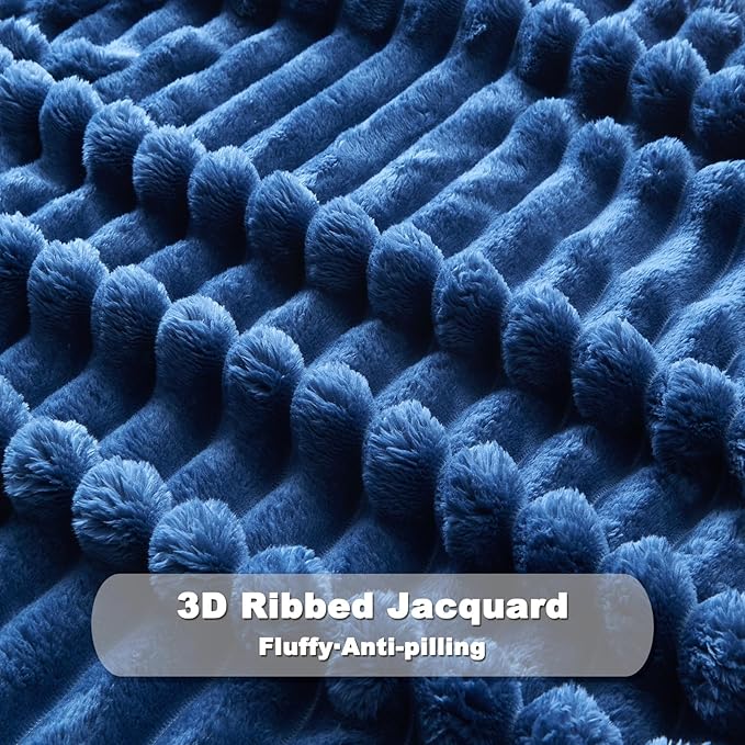 NEWCOSPLAY Super Soft Twin Blanket Navy Premium Silky Flannel Fleece 3D Ribbed Jacquard Lightweight Bed Blanket All Season Use (Navy Ribbed, Twin(60"x80"))-Ruum Studio Home