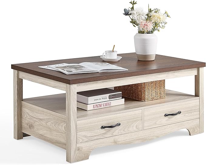 LINSY HOME Farmhouse Coffee Table with Storage, Wood Coffee Table for Living Room, Open Display Area and Storage Drawers with Metal Handles, Chic Style with Curved Base. Oak and Brown-Ruum Studio Home