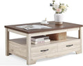 LINSY HOME Farmhouse Coffee Table with Storage, Wood Coffee Table for Living Room, Open Display Area and Storage Drawers with Metal Handles, Chic Style with Curved Base. Oak and Brown-Ruum Studio Home