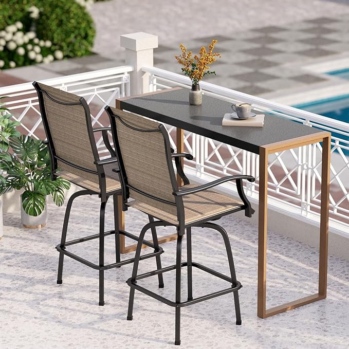 PHI VILLA 3 Piece Outdoor Bar Set, Bar Height Patio Table and Chairs with Brown Padded Textilene Fabric & Rustproof Metal Frame for Backyard, Balcony, Garden & Poolside-Ruum Studio Home