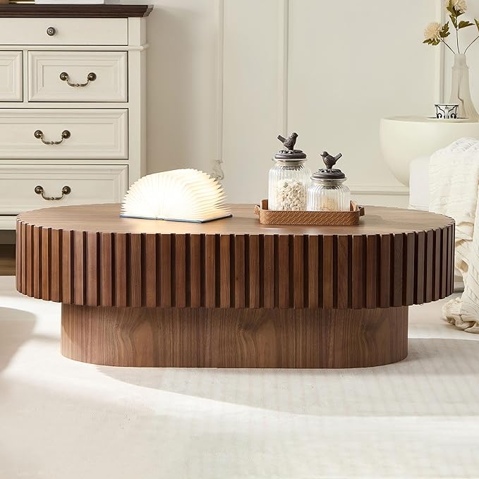 43.7" Oval Coffee Table for Living Room,Modern Handcraft Drum Coffee TableSmall Wooden Coffee Table with Sturdy Pedestal Easy Assembly for Office-Walnut-Ruum Studio Home