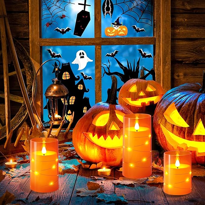 NURADA Flameless Candles with Remote Timers: Built-in Star String Lights 3D Wick Battery Operated Flickering LED Electric Candles for Halloween Thanksgiving Dinner Tables Fall Home Decor Orange 3 Pack-Ruum Studio Home