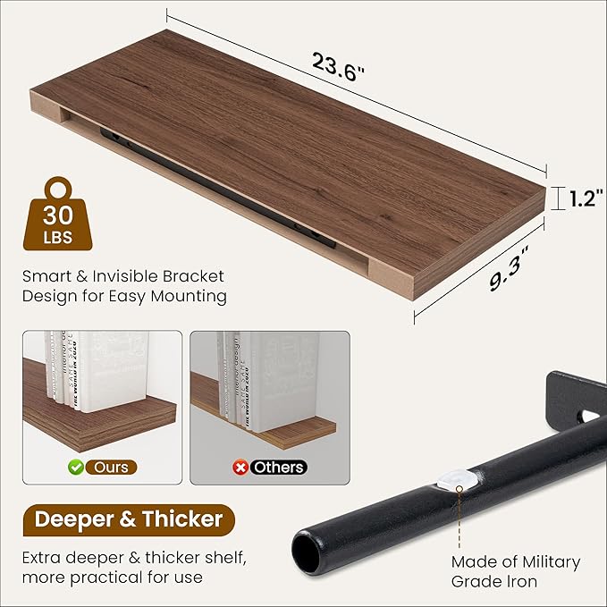 Fun Memories 24 Inch Floating Shelves for Wall, 9 Inch Deep Walnut Rustic Wood Wall Mounted Shelves for Bathroom, Kitchen, Living Room, Set of 2-Ruum Studio Home