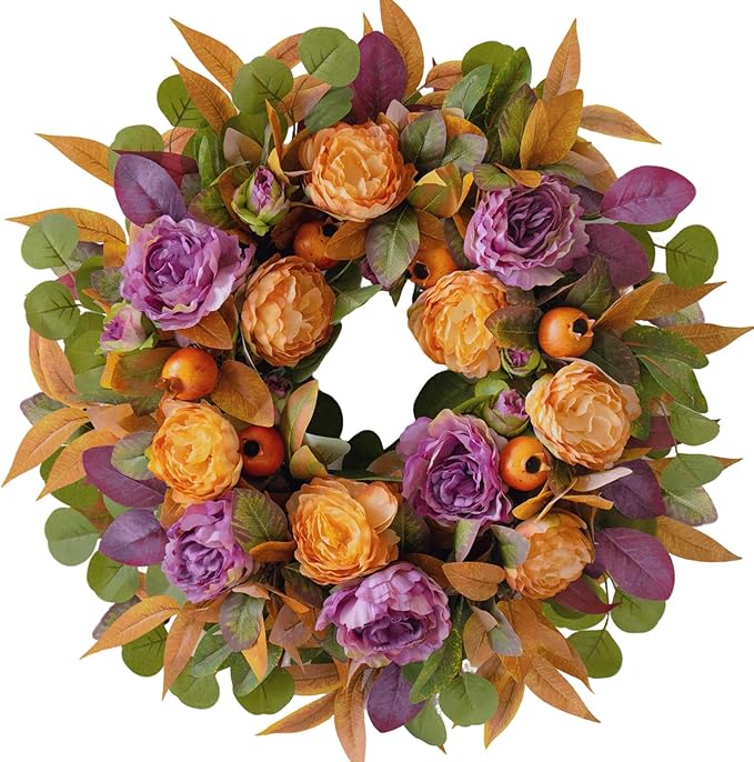 24 Inch Fall Wreath for Front Door - Autumn Wreath with Peony, Maple Leaves, Berries - Farmhouse Thanksgiving Halloween Decor for Porch, Front Door, Indoors & Outdoors - Rustic Harvest Home Decor-Ruum Studio Home