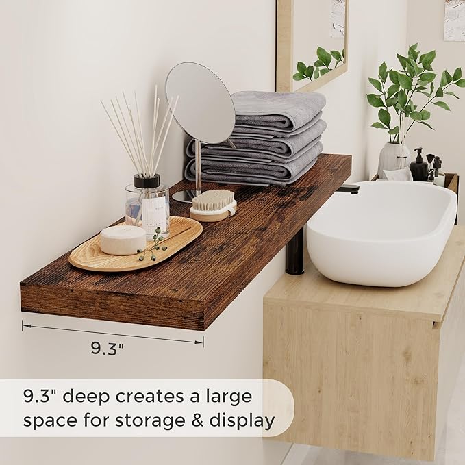 40 Inch Floating Shelvese, 40" W x 9" D Floating Shelf Set of 2, Farmhouse Wood Wall Shelves for Bedroom, Kitchen, Wall Mounted Deep Shelving for Home Decor, Rustic Brown Color-Ruum Studio Home