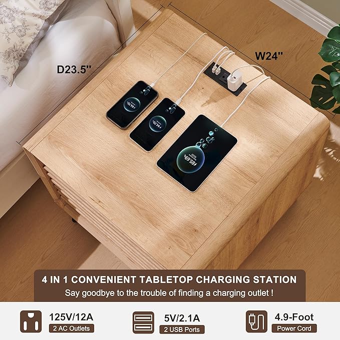 RedLemon 24" Nightstand Set of 2 with Charger Station, Mid Century Modern Fluted End Table with 2 Drawers, Wooden Side Table with Open Cubby Storage for Living Room, Bedroom, Office(Natural Oak)-Ruum Studio Home