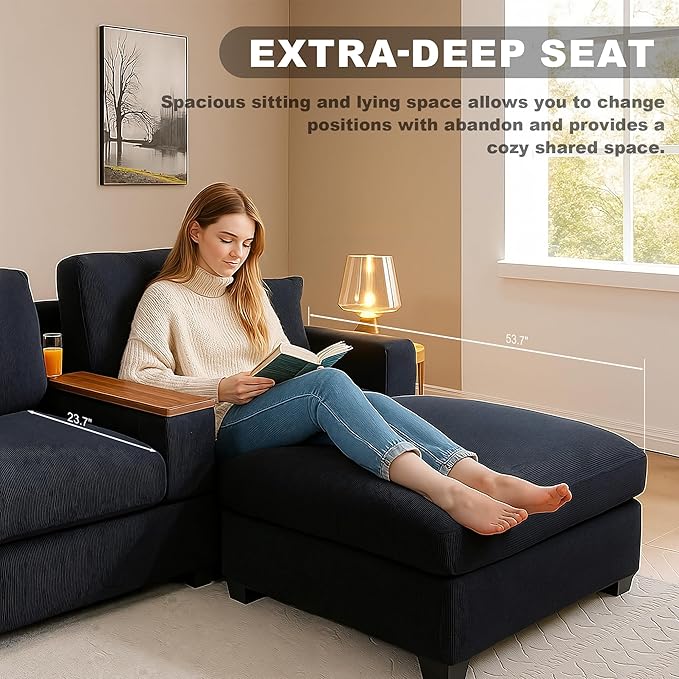 120.3" Modern L-Shaped Sectional Sofa with 360°Swivel Drop-Down Table, Storage Armrest, USB Ports & Movable Storage Ottoman – Plush Linen Cloud Couch for Lounge (Black)-Ruum Studio Home